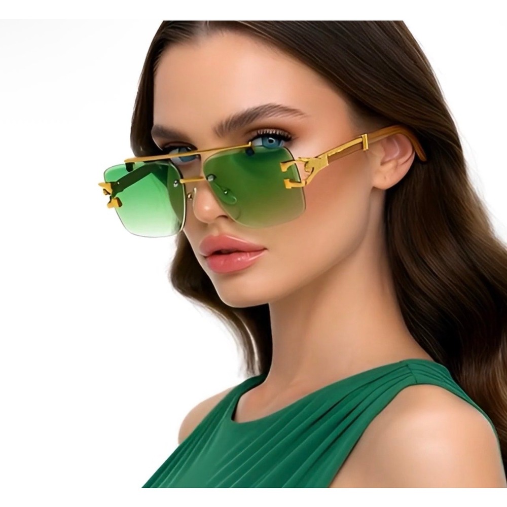 Women Rimless Rectangle Sunglasses Green Gradient Lens Wood Grain Arms Lentes